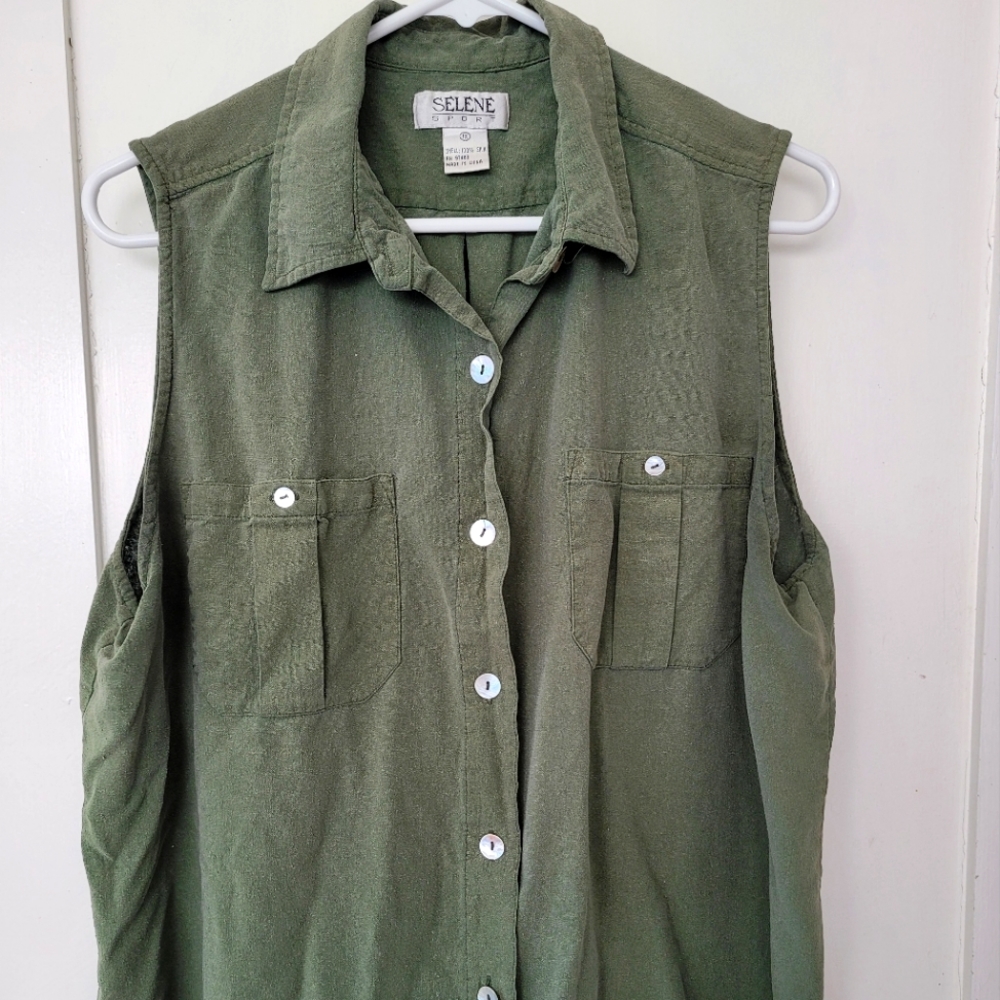 Vintage Selene Sport Army Green 100% Silk Button Down sz 1x